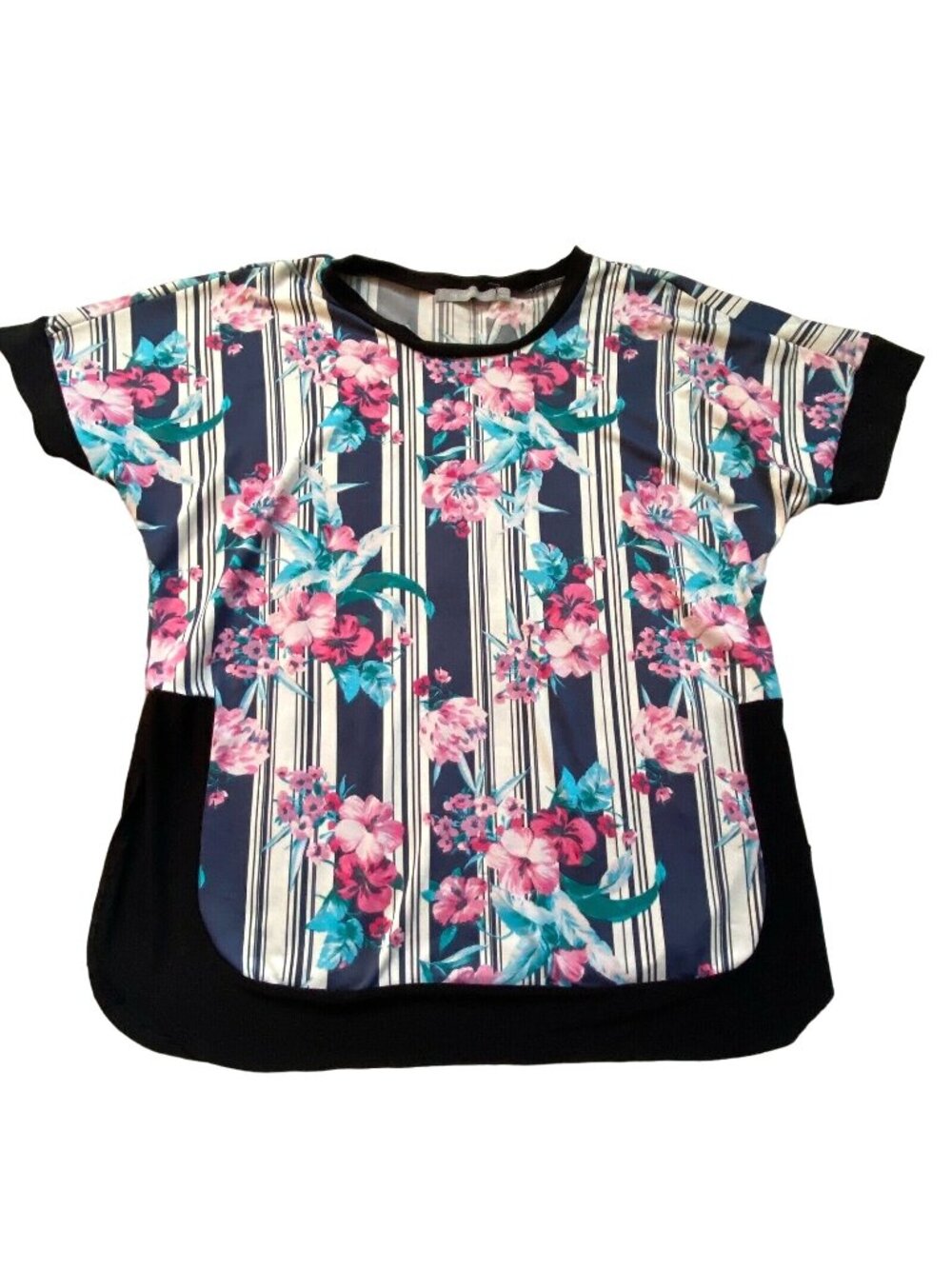 NY Collections Square Bottom Floral Striped Blouse-Black-Size Small-GUC